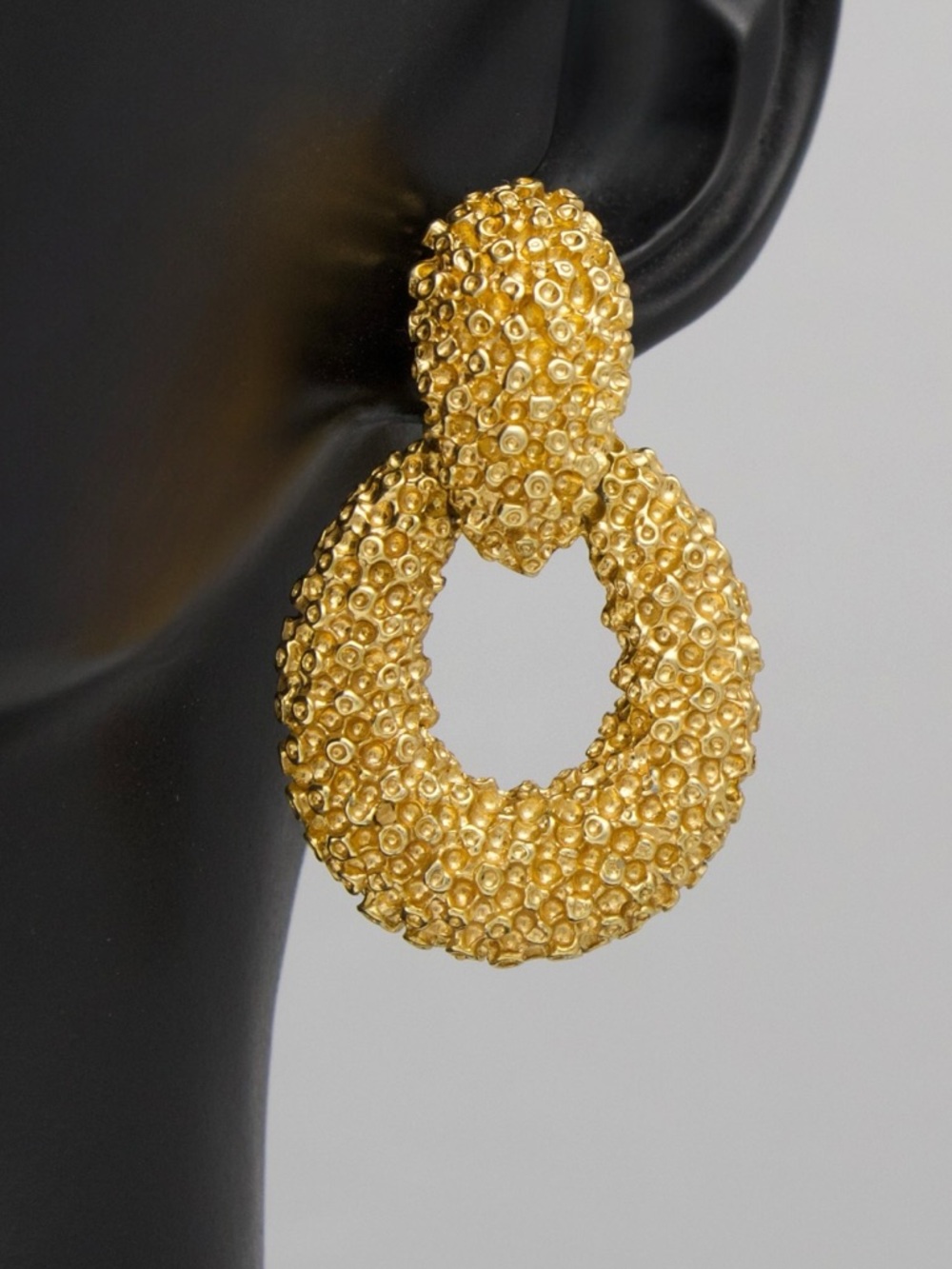 Vintage Panetta Doorknocker Hoop Clip On Earrings Gold Plated Bumpy Brutalist